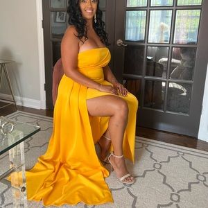 One shoulder wrap hem satin floor length dress.